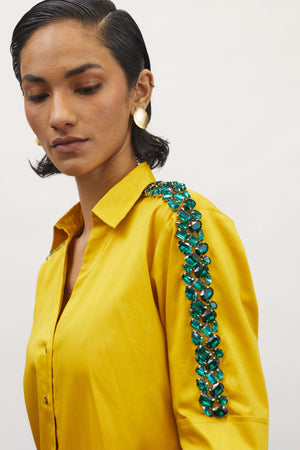 Pallavi Swadi Canary Yellow Emerald Pocket Swarovski Shirt indian designer wear womenswear online shopping melange singapore