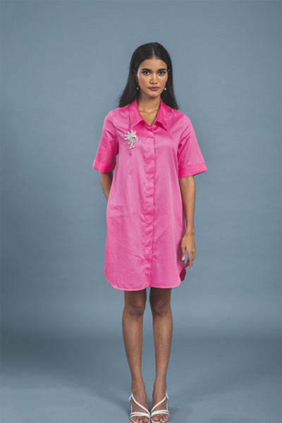 Pallavi swadi Candy Pink Pleated Pocket Dress With PLV Brooch western indian designer wear online shopping melange singapore