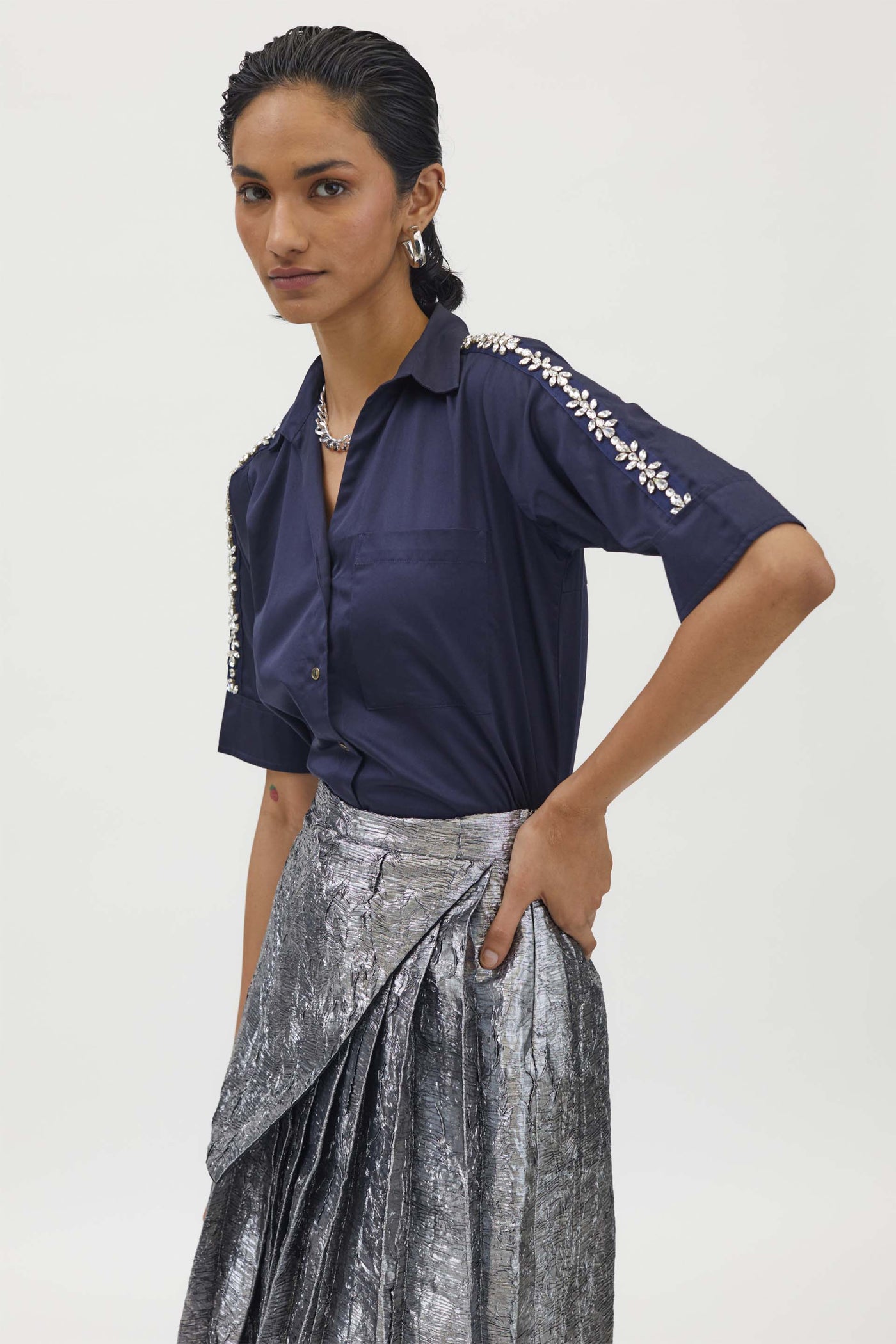 Pallavi Swadi Navy Flower Swarovski Ribbon Shirt indian designer wear womenswear online shopping melange singapore