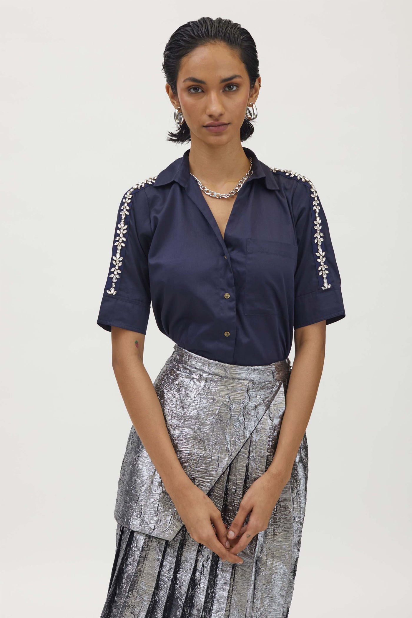 Pallavi Swadi Navy Flower Swarovski Ribbon Shirt indian designer wear womenswear online shopping melange singapore
