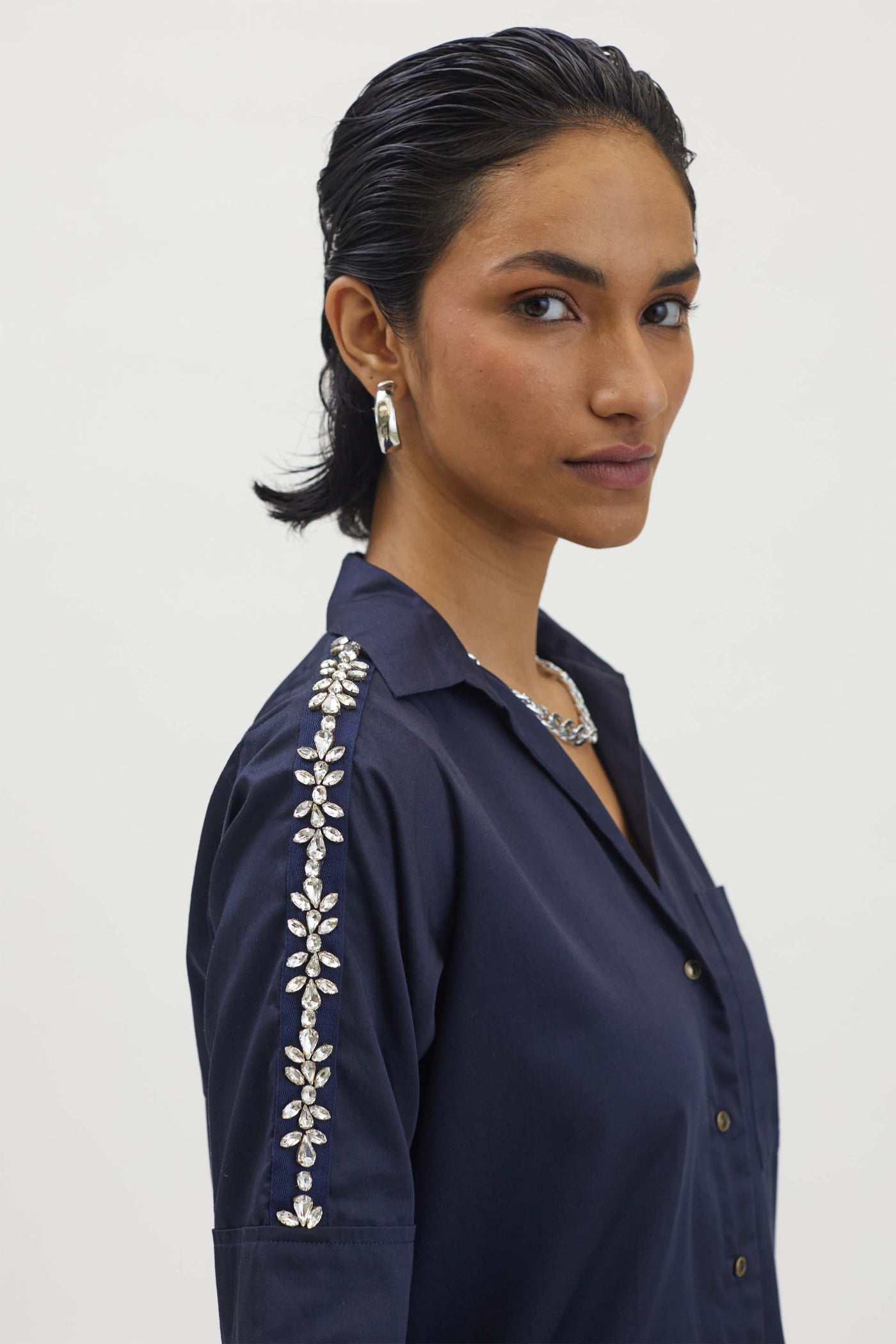 Pallavi Swadi Navy Flower Swarovski Ribbon Shirt indian designer wear womenswear online shopping melange singapore