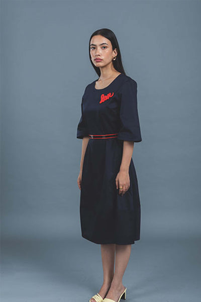 Pallavi swadi Navy Midi Dress With LOVE Brooch western indian designer wear online shopping melange singapore