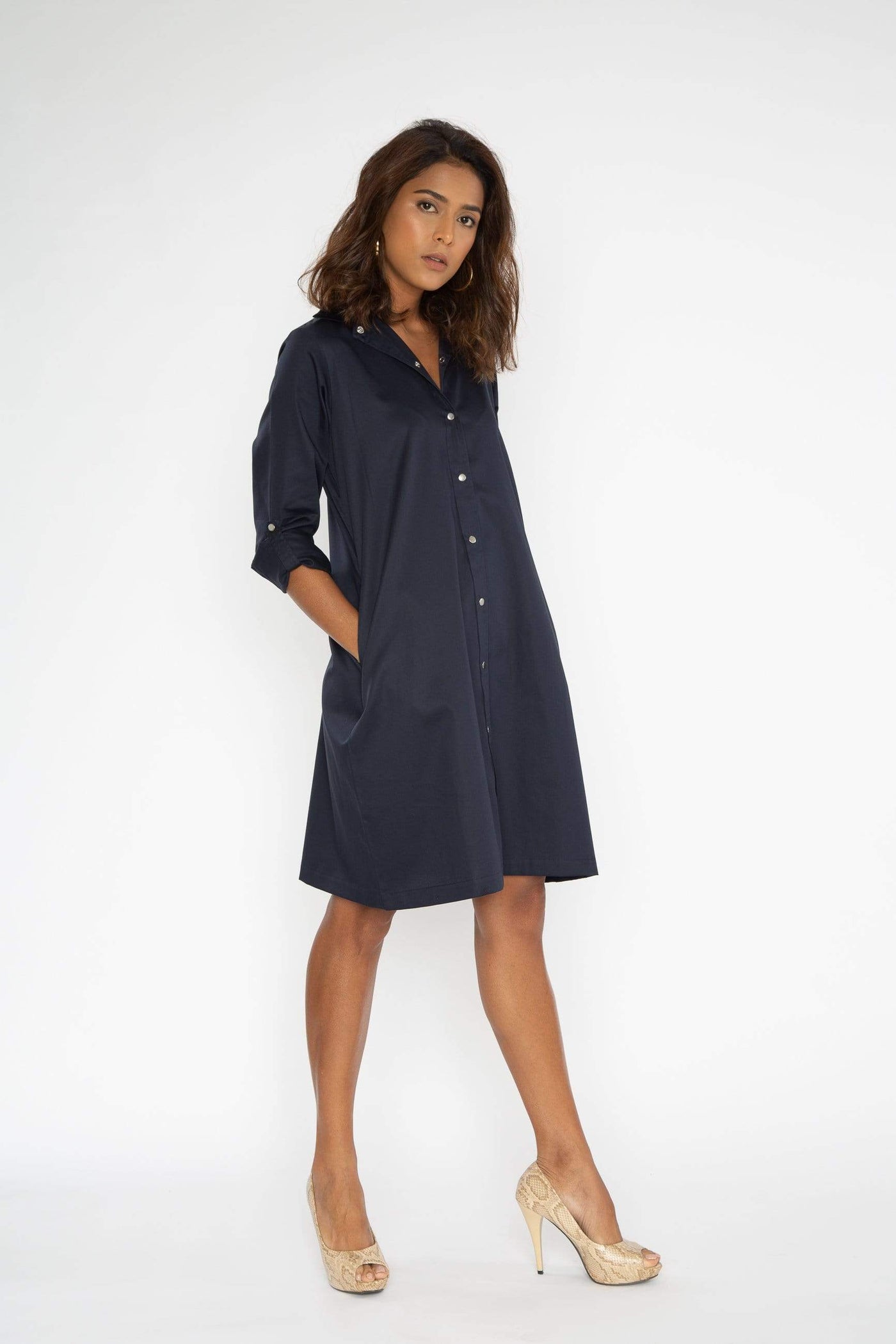 Navy Shirt Dress With Brooch
