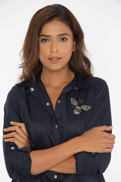 Navy Shirt Dress With Brooch