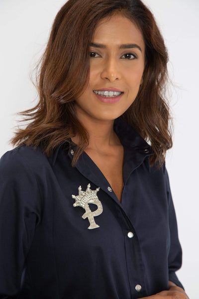 Navy Shirt Dress With Brooch