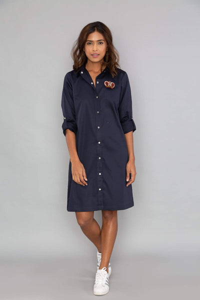 Navy Shirt Dress With Brooch