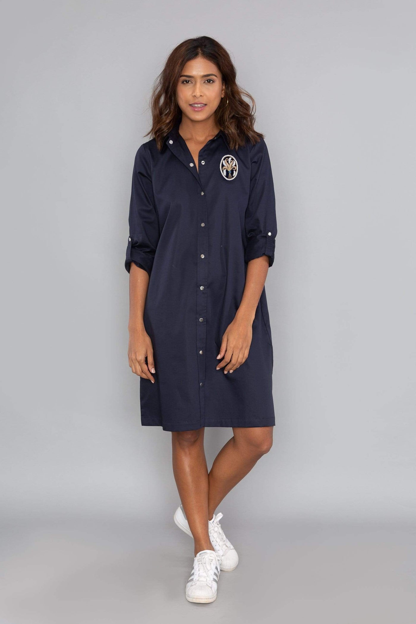 Navy Shirt Dress With Brooch