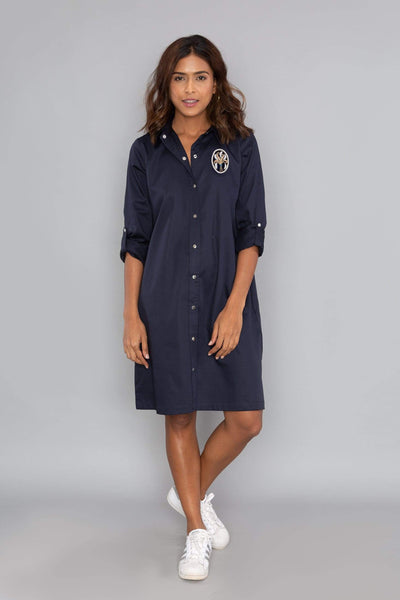 Navy Shirt Dress With Brooch