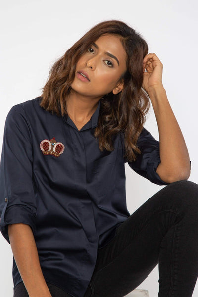 Navy Shirt With Brooch
