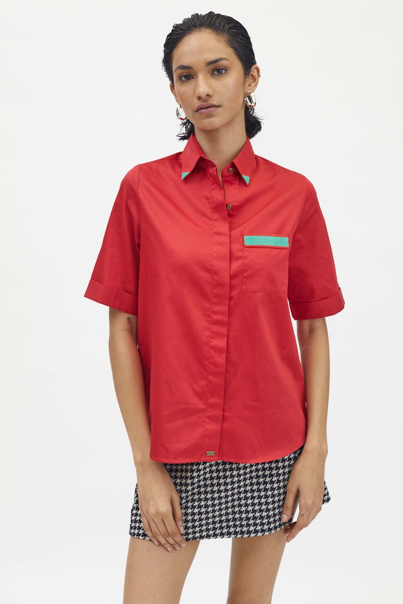 Pallavi Swadi Red Embellished Jade Green Pop Pocket Shirt indian designer wear womenswear online shopping melange singapore