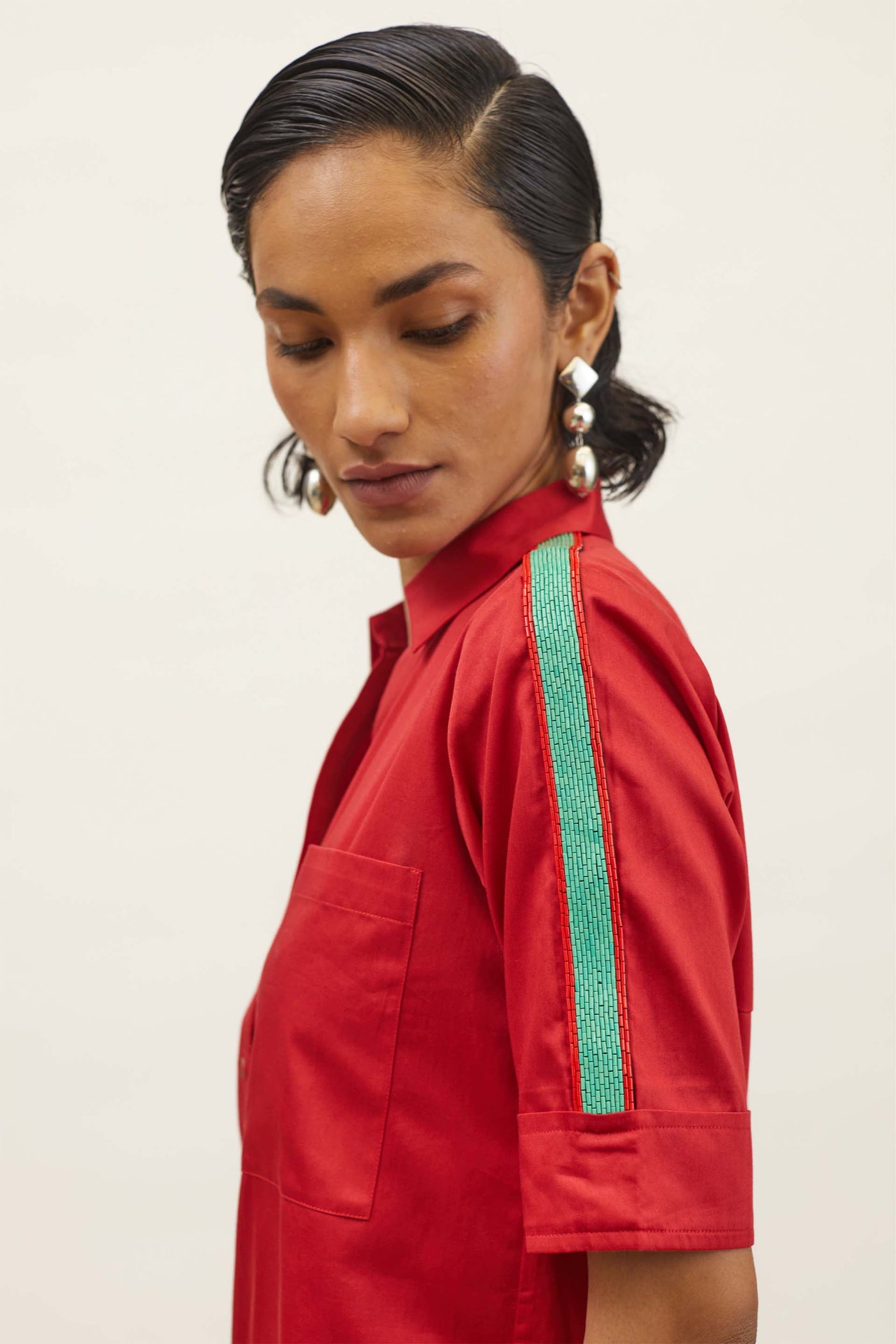 Pallavi Swadi Red Embellished Jade Green Pop Ribbon Shirt indian designer wear womenswear online shopping melange singapore