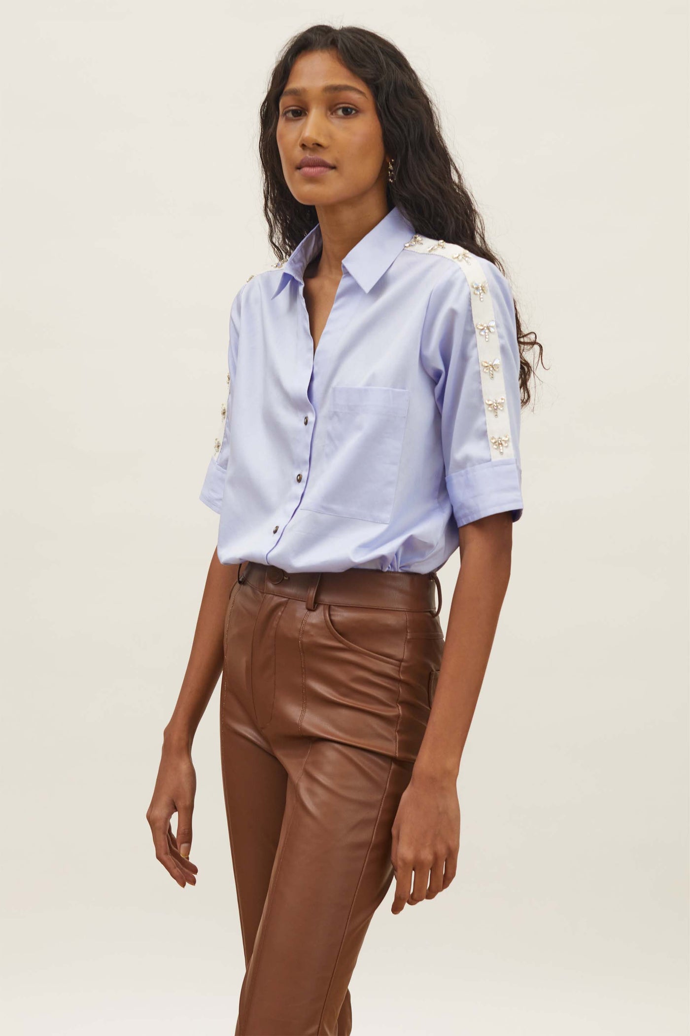 Pallavi Swadi Sky Blue Dragonfly Swarovski Shirt indian designer wear womenswear online shopping melange singapore