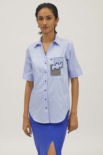Pallavi Swadi Sky Blue Puzzle Pop Embroidered Shirt indian designer wear womenswear online shopping melange singapore