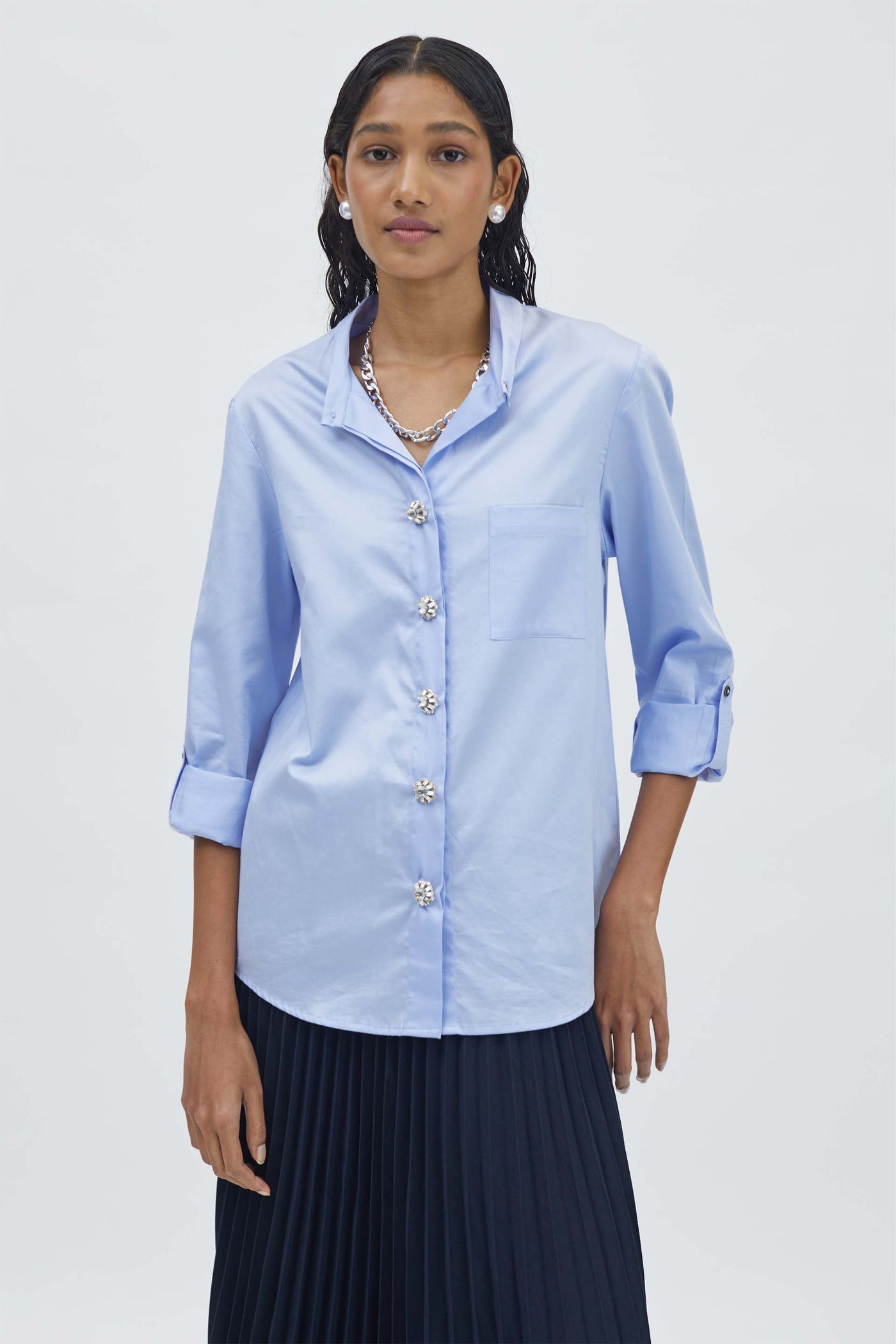 Pallavi Swadi Sky Blue Swarovski Button Shirt indian designer wear womenswear online shopping melange singapore