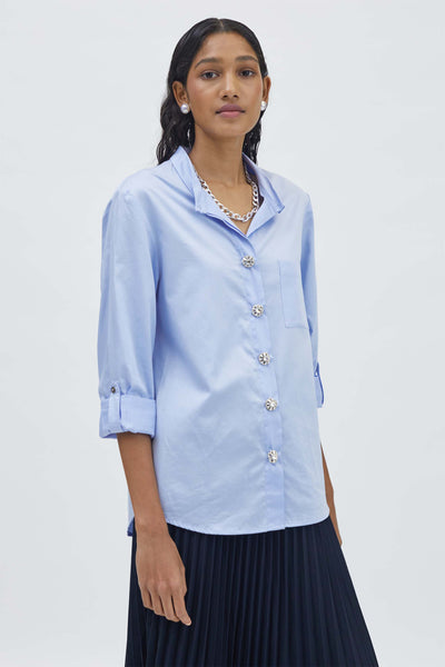 Pallavi Swadi Sky Blue Swarovski Button Shirt indian designer wear womenswear online shopping melange singapore