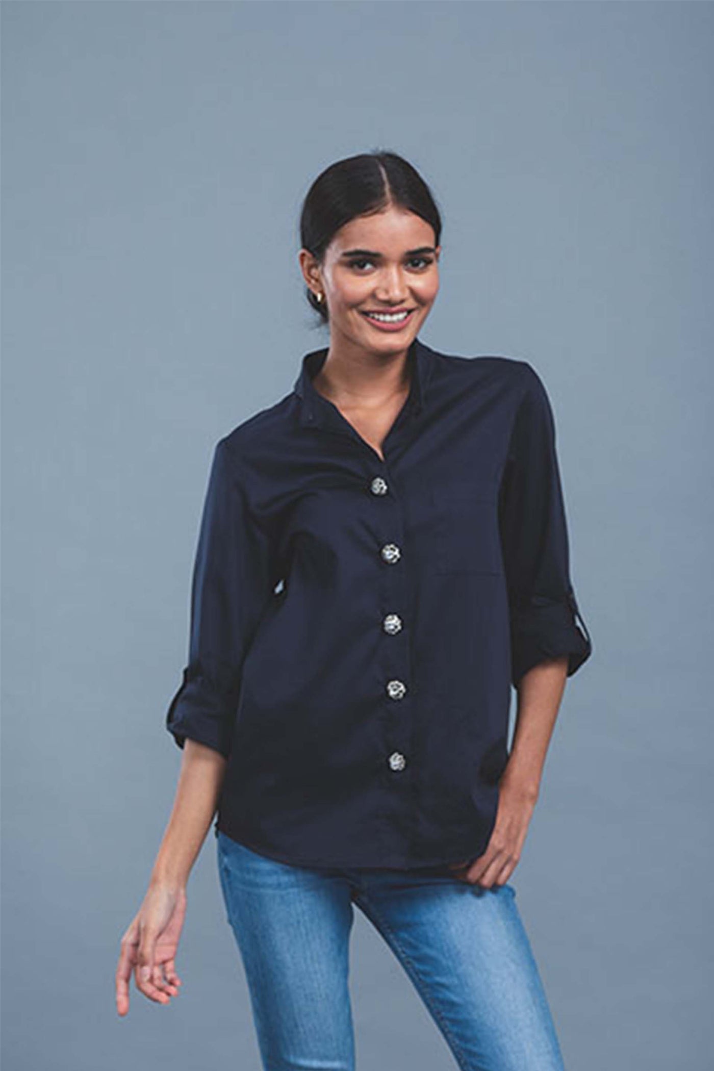 Pallavi swadi Swarovski Button Shirt navy blue western indian designer wear online shopping melange singapore