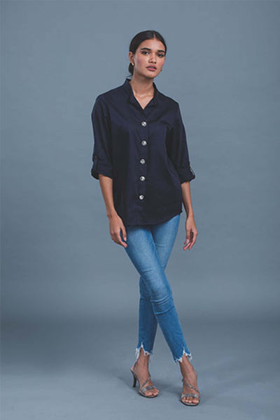 Pallavi swadi Swarovski Button Shirt navy blue western indian designer wear online shopping melange singapore