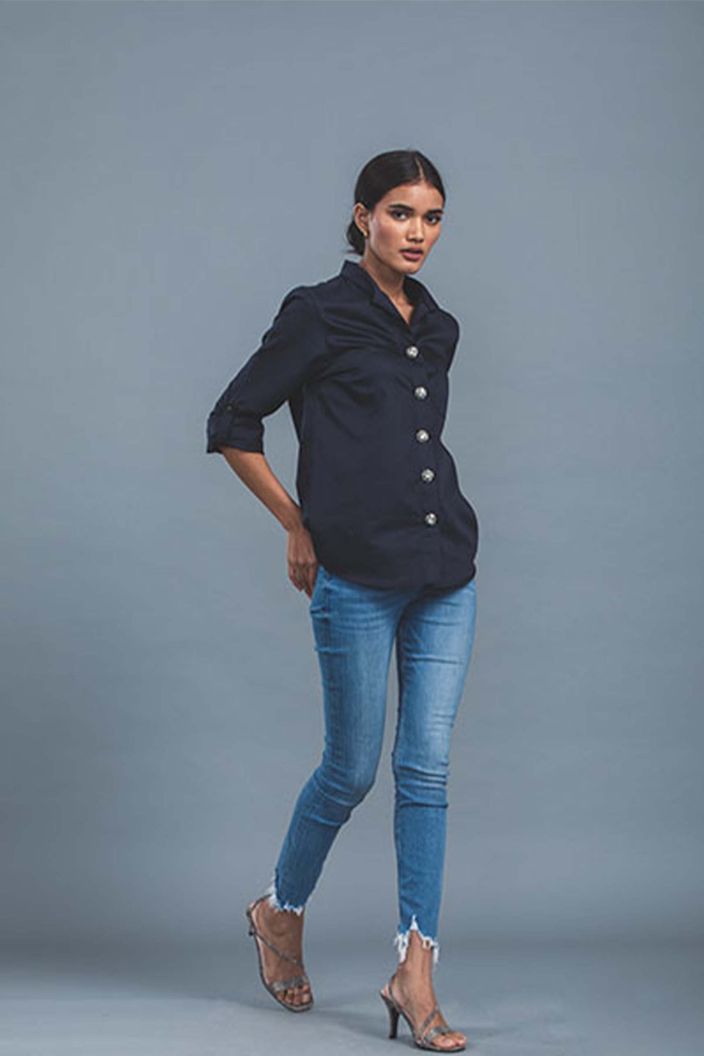 Pallavi swadi Swarovski Button Shirt navy blue western indian designer wear online shopping melange singapore