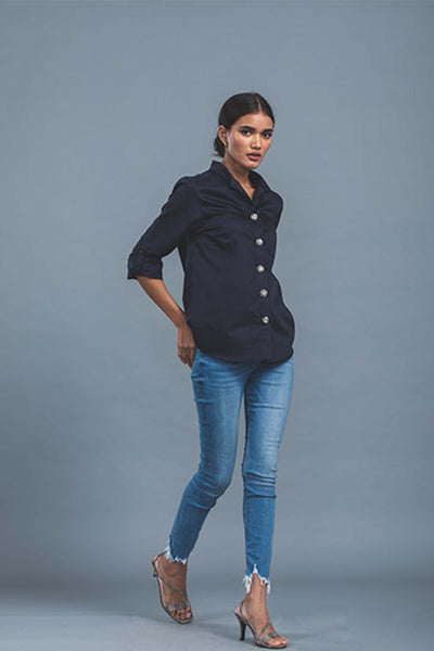 Pallavi swadi Swarovski Button Shirt navy blue western indian designer wear online shopping melange singapore