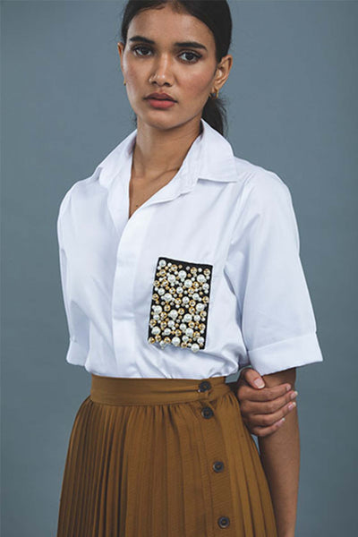 Pallavi swadi White Audrey Pearl Pocket Shirt western indian designer wear online shopping melange singapore