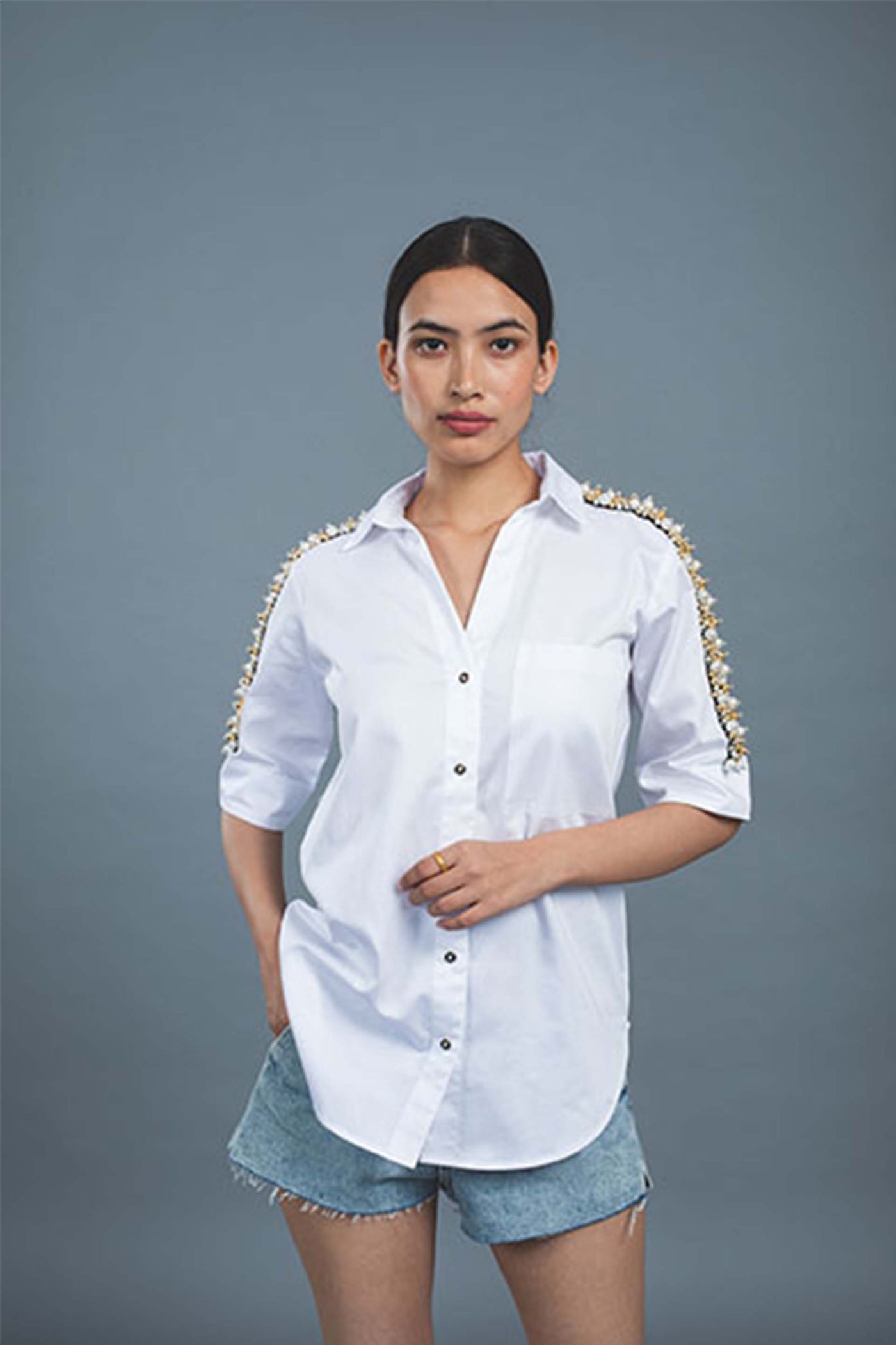Pallavi swadi White Audrey Pearl Ribbon Shirt western indian designer wear online shopping melange singapore
