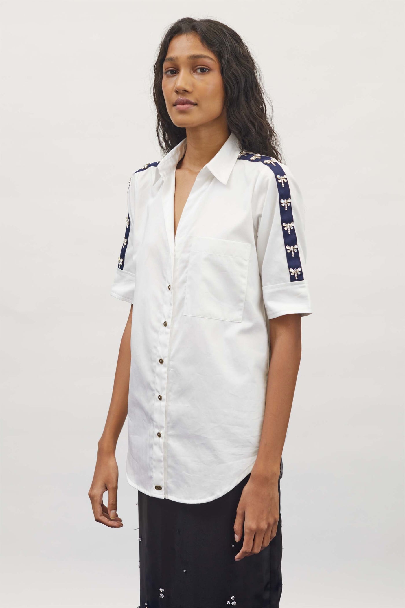Pallavi Swadi White Dragonfly Swarovski Shirt indian designer wear womenswear online shopping melange singapore