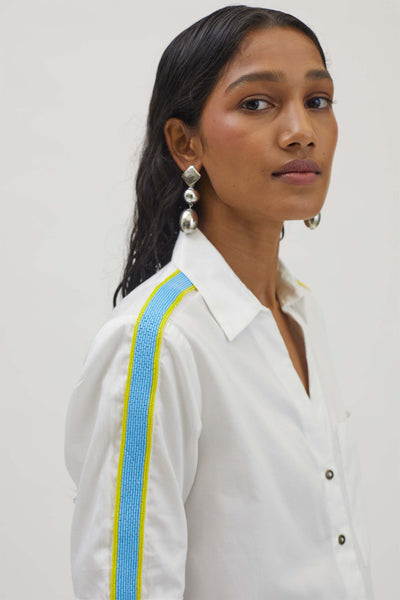 Pallavi Swadi White Embellished Blue Yellow Pop Ribbon Shirt indian designer wear womenswear online shopping melange singapore