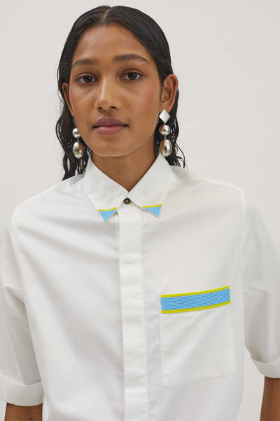 Pallavi Swadi White Embellished Pocket Blue Yellow Pop Shirt indian designer wear womenswear online shopping melange singapore