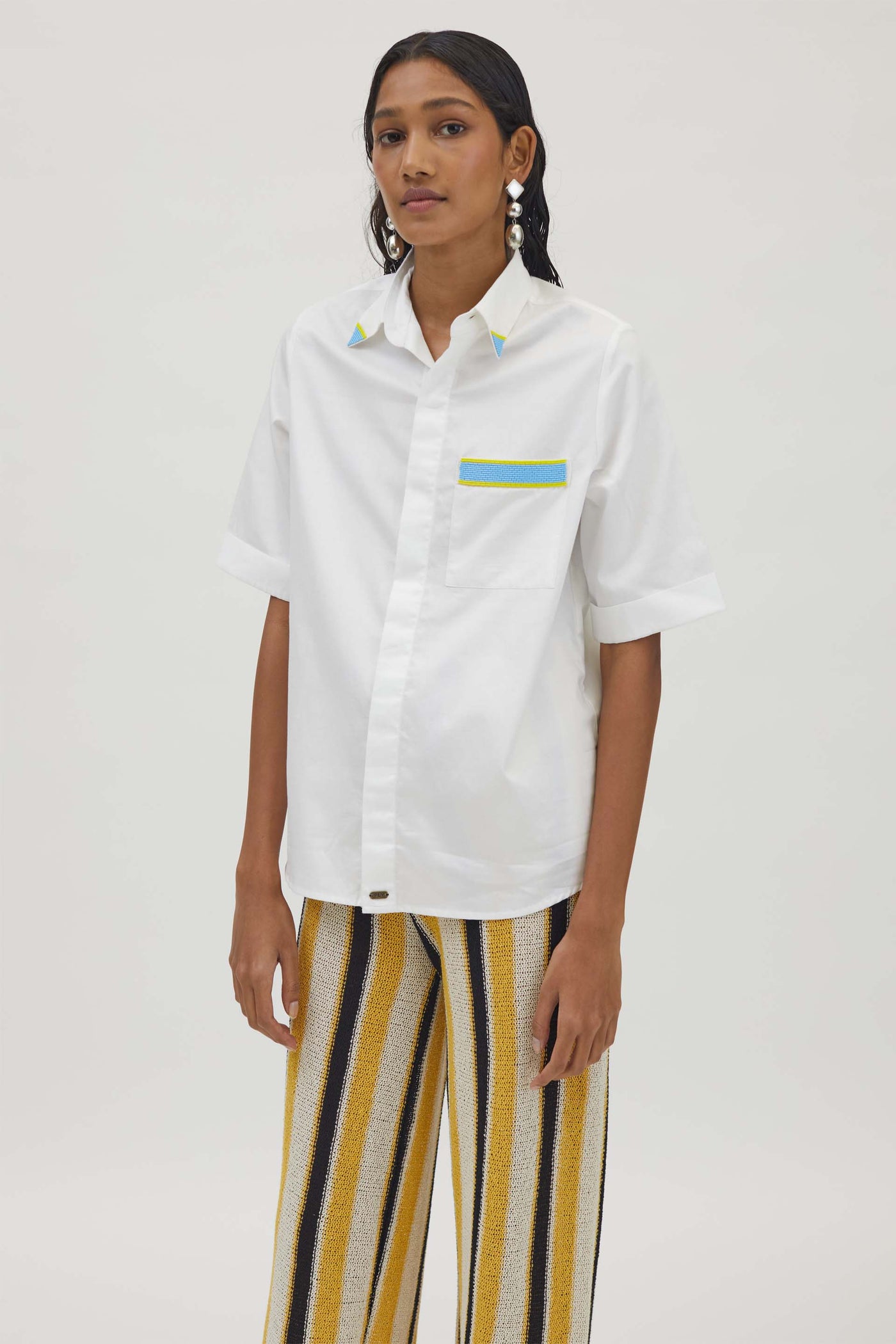 Pallavi Swadi White Embellished Pocket Blue Yellow Pop Shirt indian designer wear womenswear online shopping melange singapore