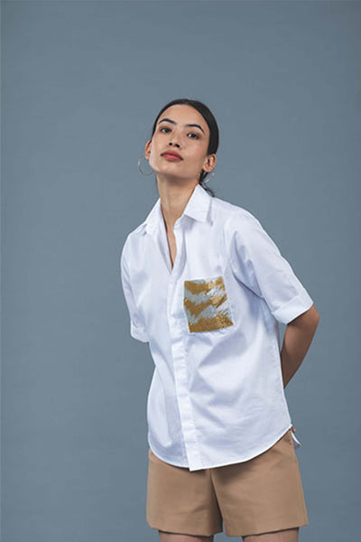 Pallavi swadi White Metallic Gold Shirt western indian designer wear online shopping melange singapore