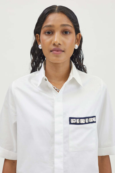 Pallavi Swadi White Rectangle Swarovski Pocket Shirt indian designer wear womenswear online shopping melange singapore