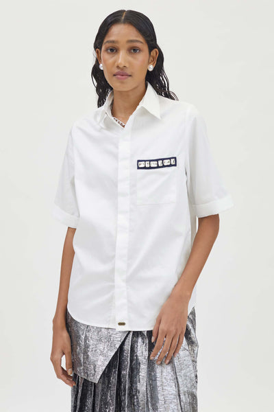 Pallavi Swadi White Rectangle Swarovski Pocket Shirt indian designer wear womenswear online shopping melange singapore
