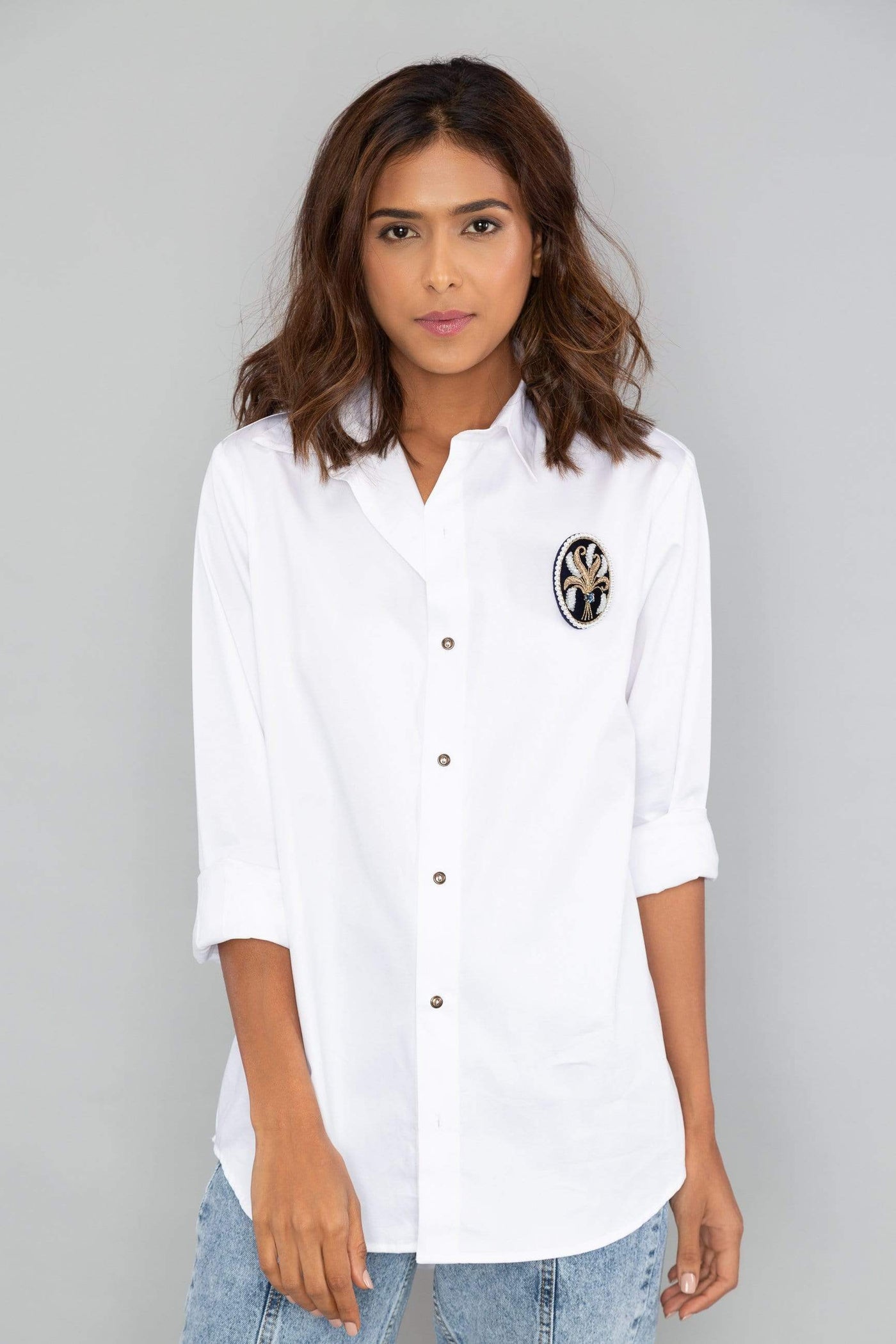 White Satin Shirt With Brooch