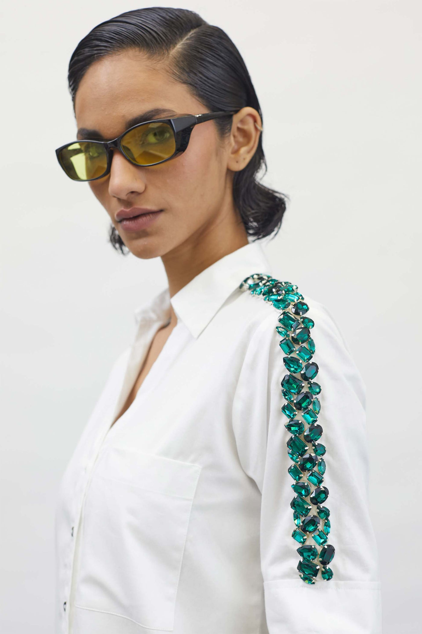 Pallavi Swadi White Swarovski Emerald Ribbon Shirt indian designer wear womenswear online shopping melange singapore