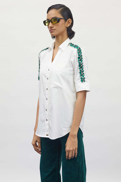 Pallavi Swadi White Swarovski Emerald Ribbon Shirt indian designer wear womenswear online shopping melange singapore
