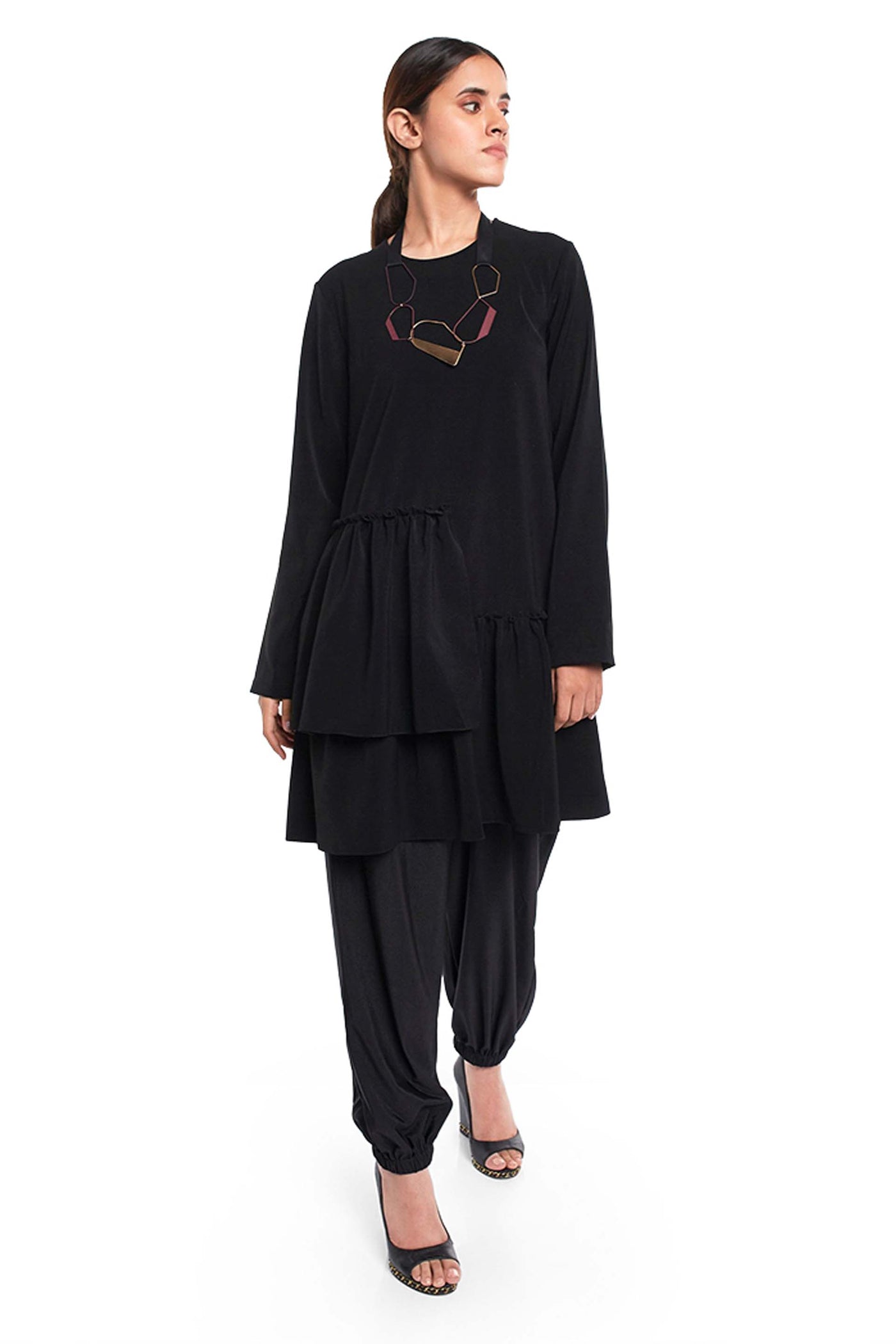 PayaL Singhal Black Colour Thick Georgette 2 Layer Frill Hem Tunic indian designer wear online shopping melange singapore