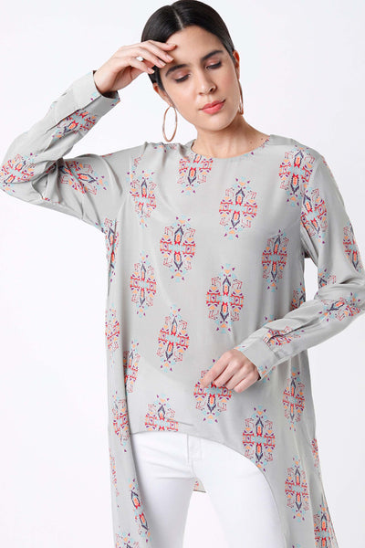 PayaL Singhal Grey Ikat Buti Print Crepe Tunic With Side Tail grey indian designer wear online shopping melange singapore