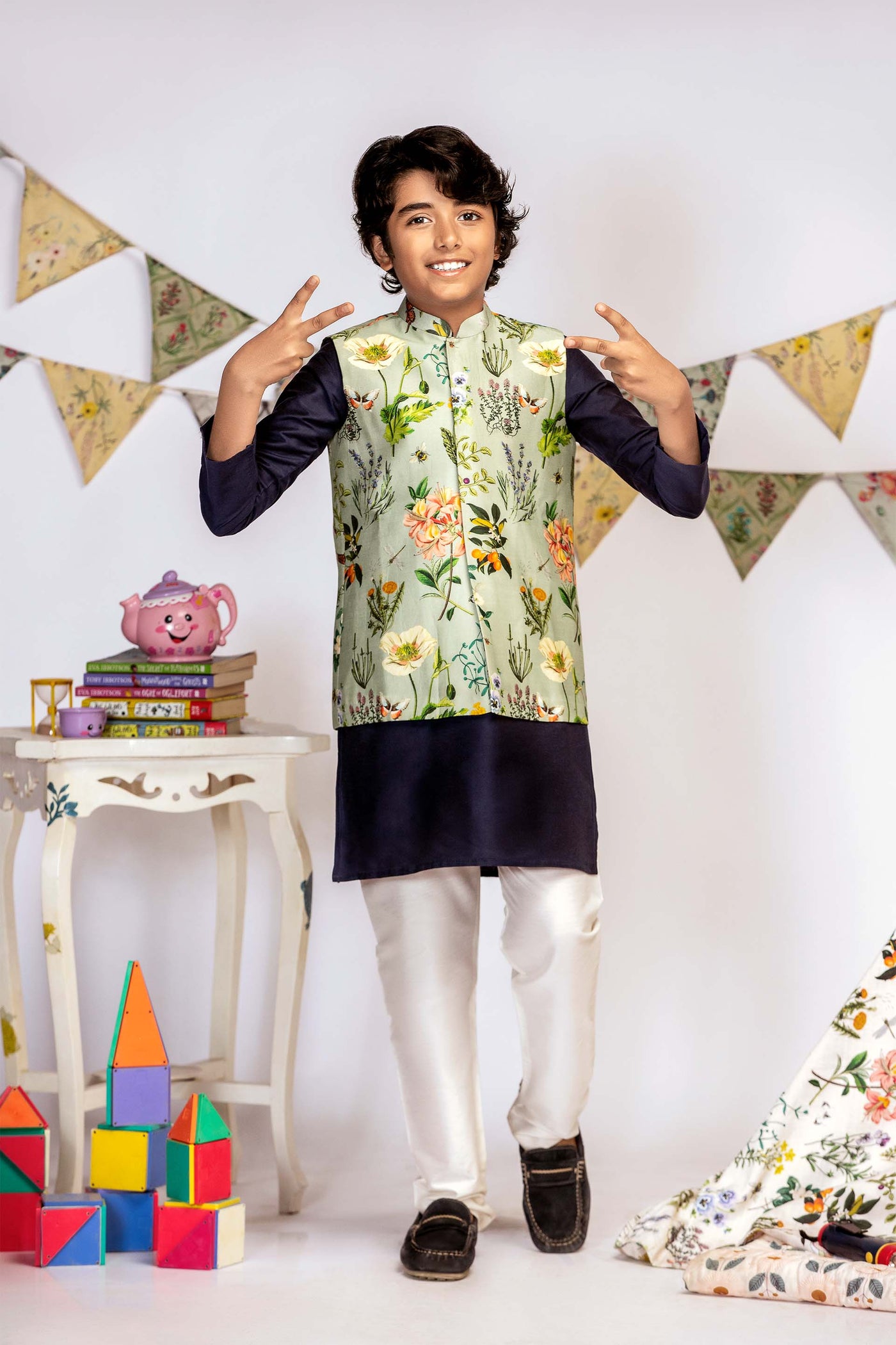 Payal Singhal kids Aqua Titli Print Bandi And Kurta Set festive kidswear online shopping melange singapore indian designer wear