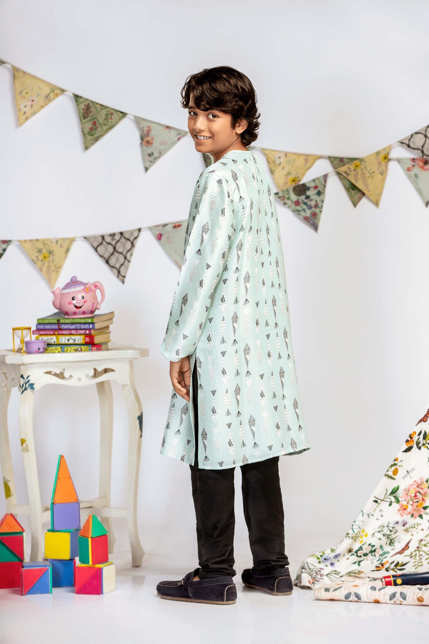 Payal Singhal Kids Blue Fish Print Silk Kurta Set festive kidswear online shopping melange singapore indian designer wear