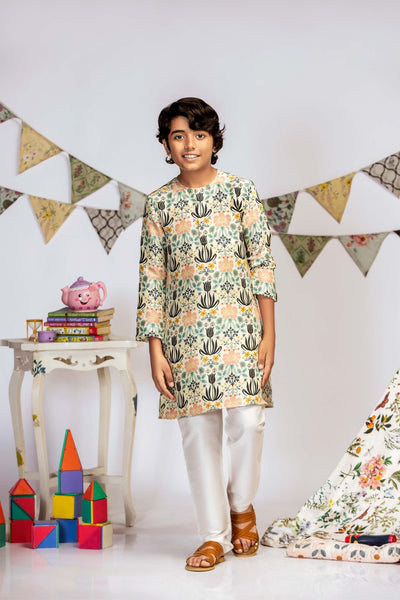 Payal Singhal Kids Tulip Garden Print Silk Kurta Set off white festive kidswear online shopping melange singapore indian designer wear