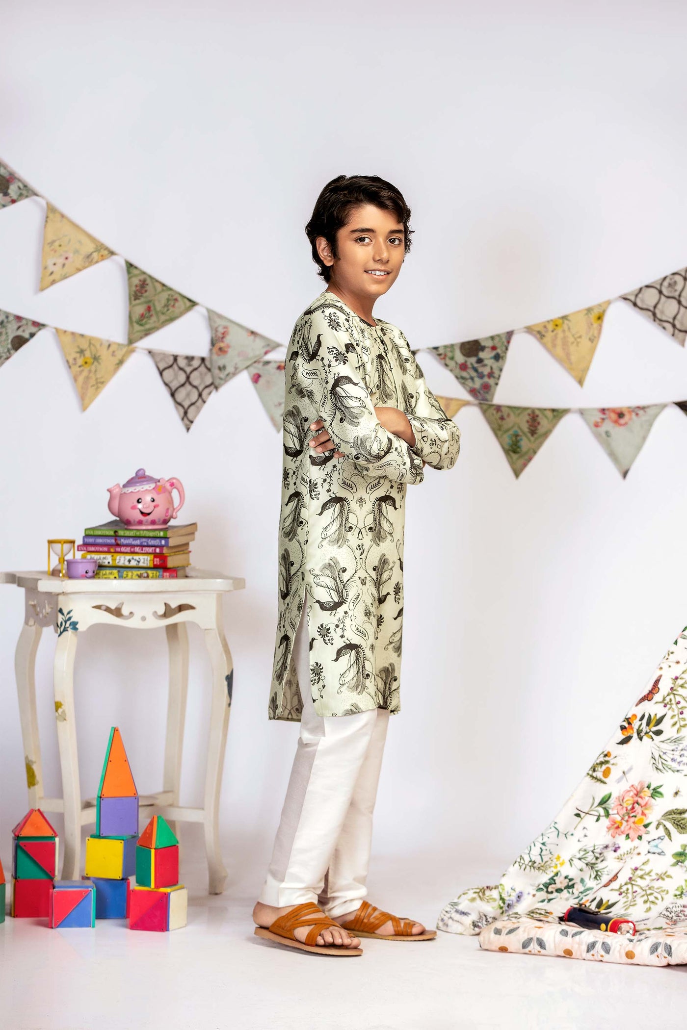 Payal Singhal Kids Mint Jannat Print Silk Kurta Set festive kidswear online shopping melange singapore indian designer wear