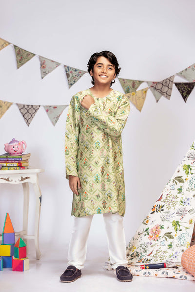 Payal Singhal kids festive kidswear Mughal Print Silk Kurta Set mint green online shopping melange singapore indian designer wear