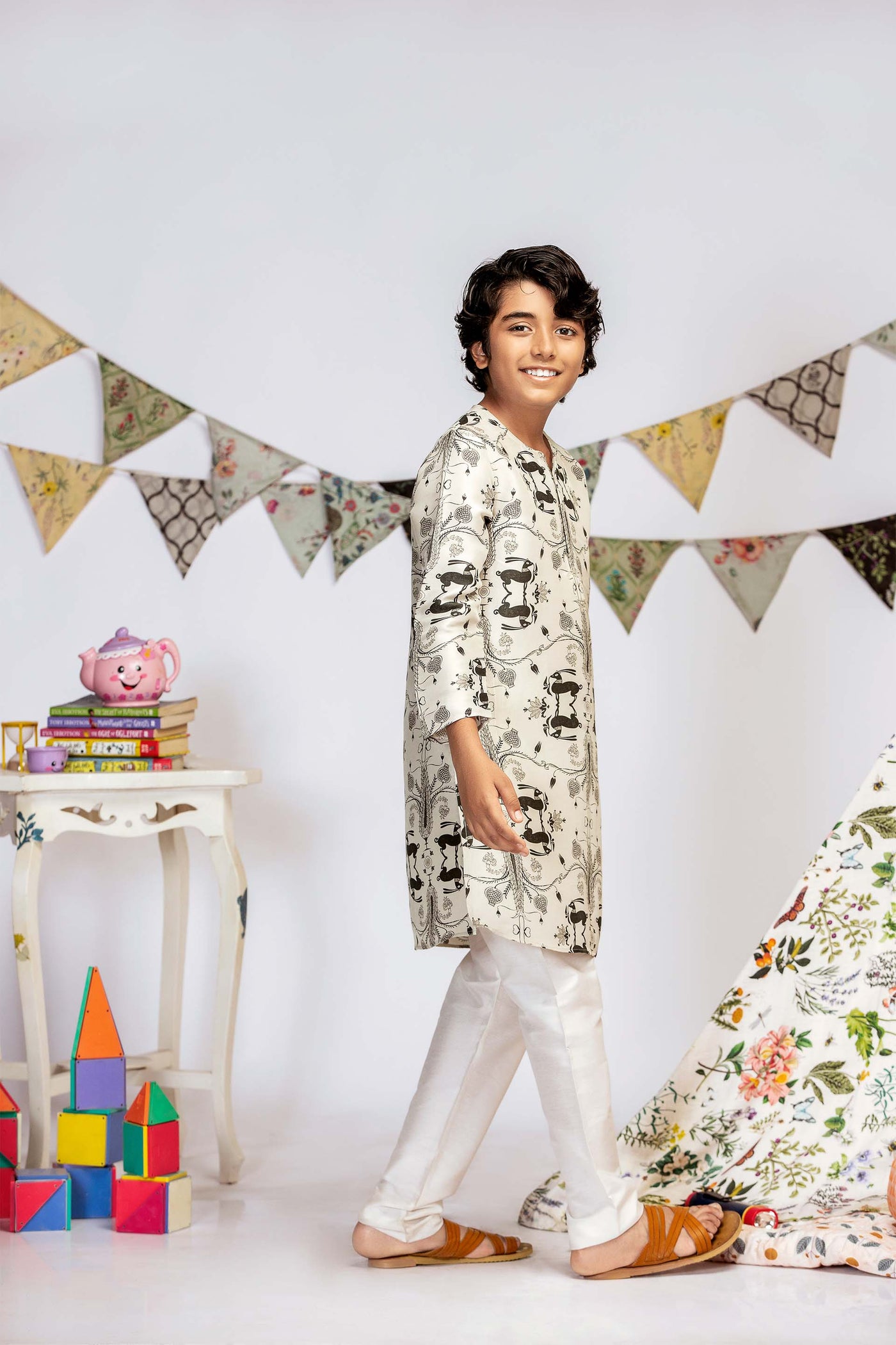 Payal Singhal Kids Stone Khargosh Print Silk Kurta Set festive kidswear online shopping melange singapore indian designer wear