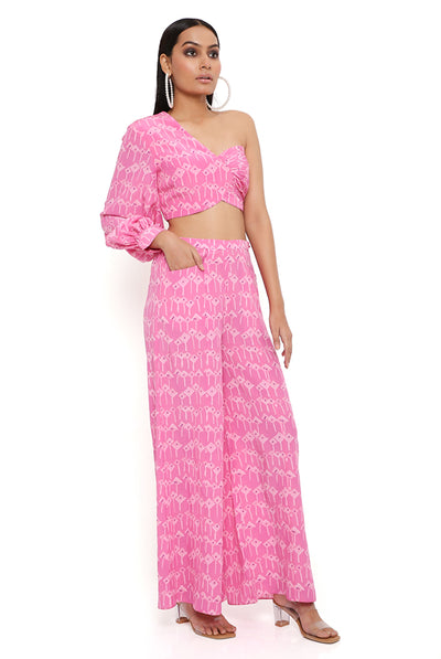 payal singhal Pink Kite Print Crepe One Shoulder Top With Palazzo festive indian designer wear online shopping melange singapore