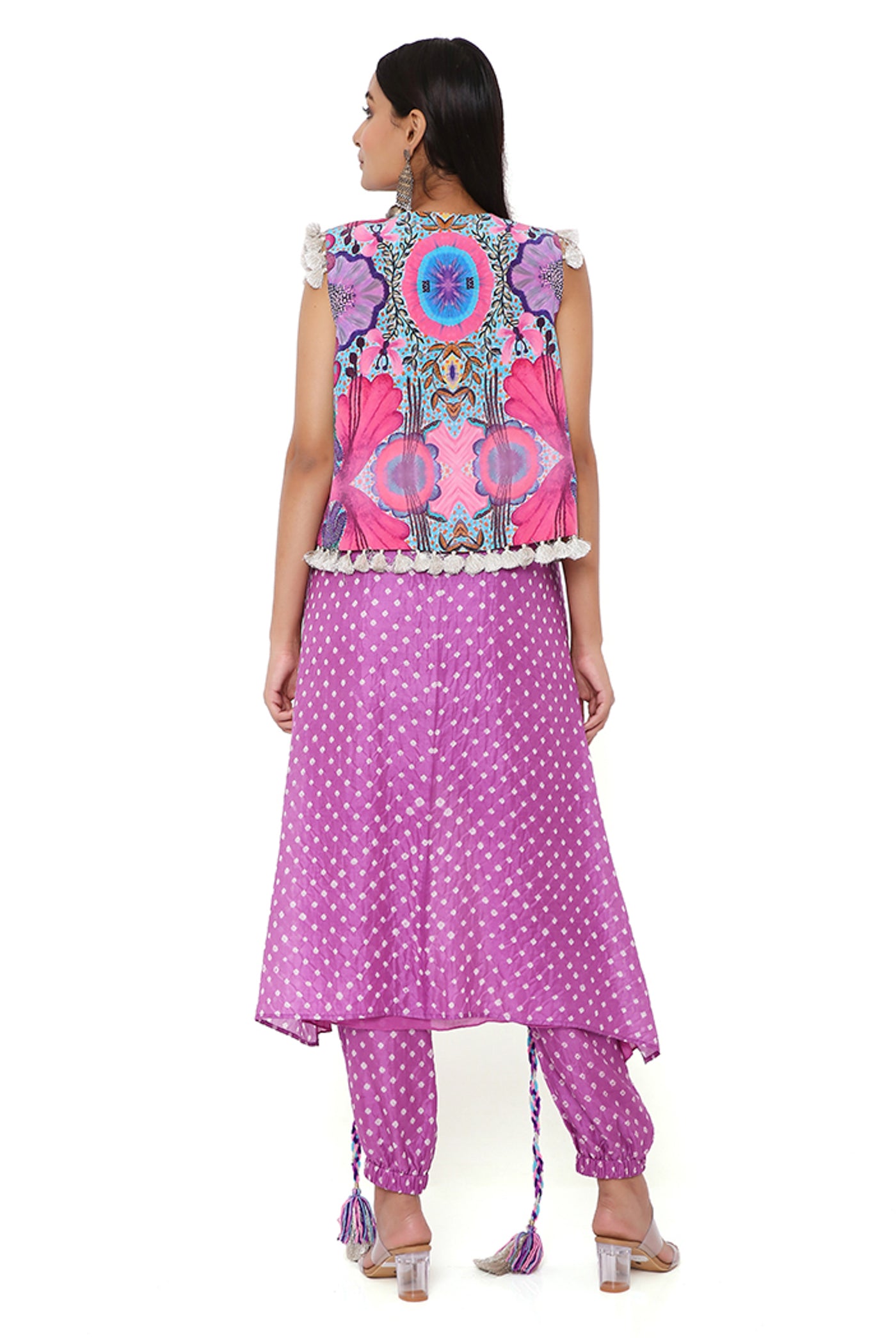 payal singhal Purple Bandhani Silk Embroidered High Low Kurta With Jogger Pants And Pink Enchanted Print Crepe Jacket festive indian designer wear online shopping melange singapore