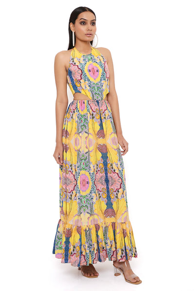payal singhal Yellow Enchanted Print Crepe Cut-Out Dress online shopping melange singapore indian designer wear