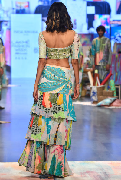 Payal singhal Agnes Tropical Print Georgette Embroidered Top With Layered Front Slit Skirt green festive indian designer wear online shopping melange singapore