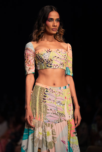 Payal singhal Agnes Tropical Print Georgette Embroidered Top With Layered Front Slit Skirt green festive indian designer wear online shopping melange singapore
