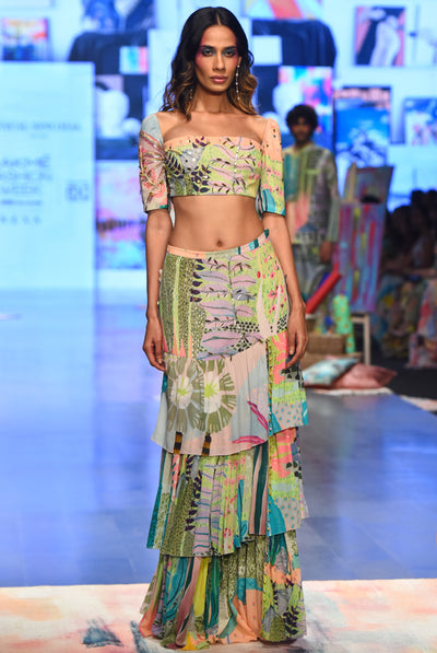 Payal singhal Agnes Tropical Print Georgette Embroidered Top With Layered Front Slit Skirt green festive indian designer wear online shopping melange singapore