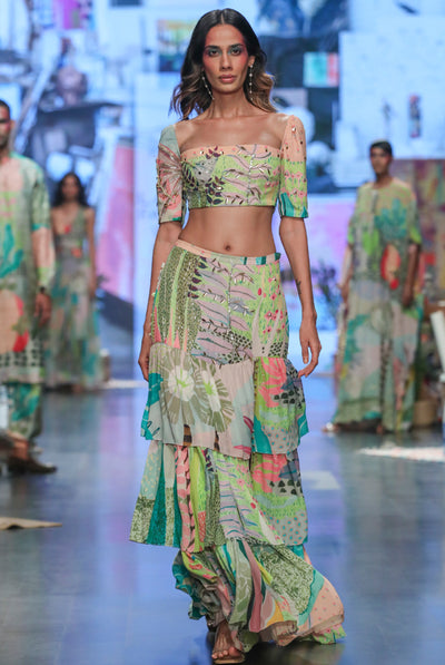 Payal singhal Agnes Tropical Print Georgette Embroidered Top With Layered Front Slit Skirt green festive indian designer wear online shopping melange singapore